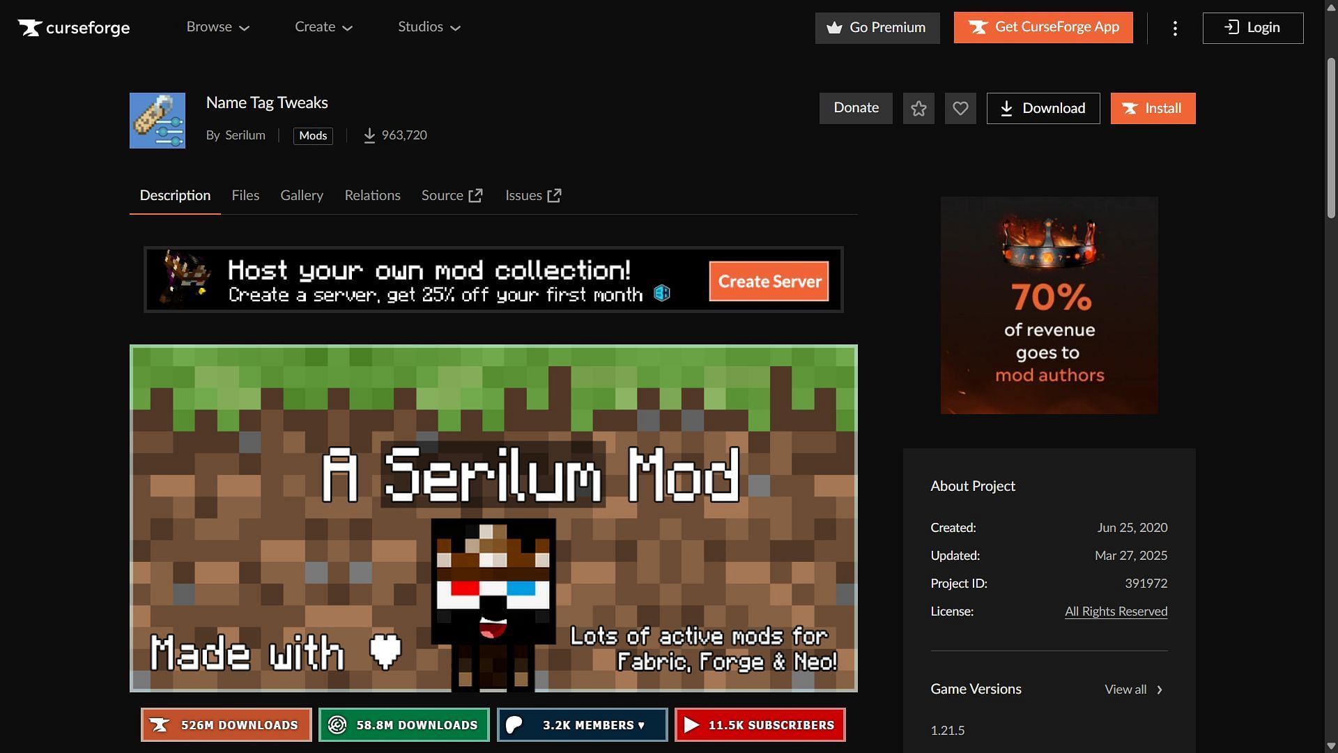 Name Tag Tweaks can be downloaded from the CurseForge website (Image via CurseForge/Serilum)